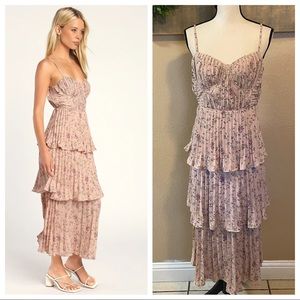 NWOT Lulus Cascading Crush Pink Floral Print Tiered Bustier Midi Dress